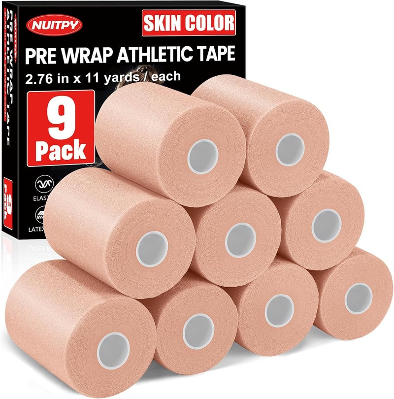 NUITPY 9 Pack Pre Wrap Athletic Tape, 2.76 Inch x 11 Yards Prewrap Tape for Hair Soccer, Pre Wrap Foam Underwrap Tape, Soccer Pre Wrap Tape, Prewrap Tape for Hair, Wrists, Hands, Ankles - Skin Color - Image 1